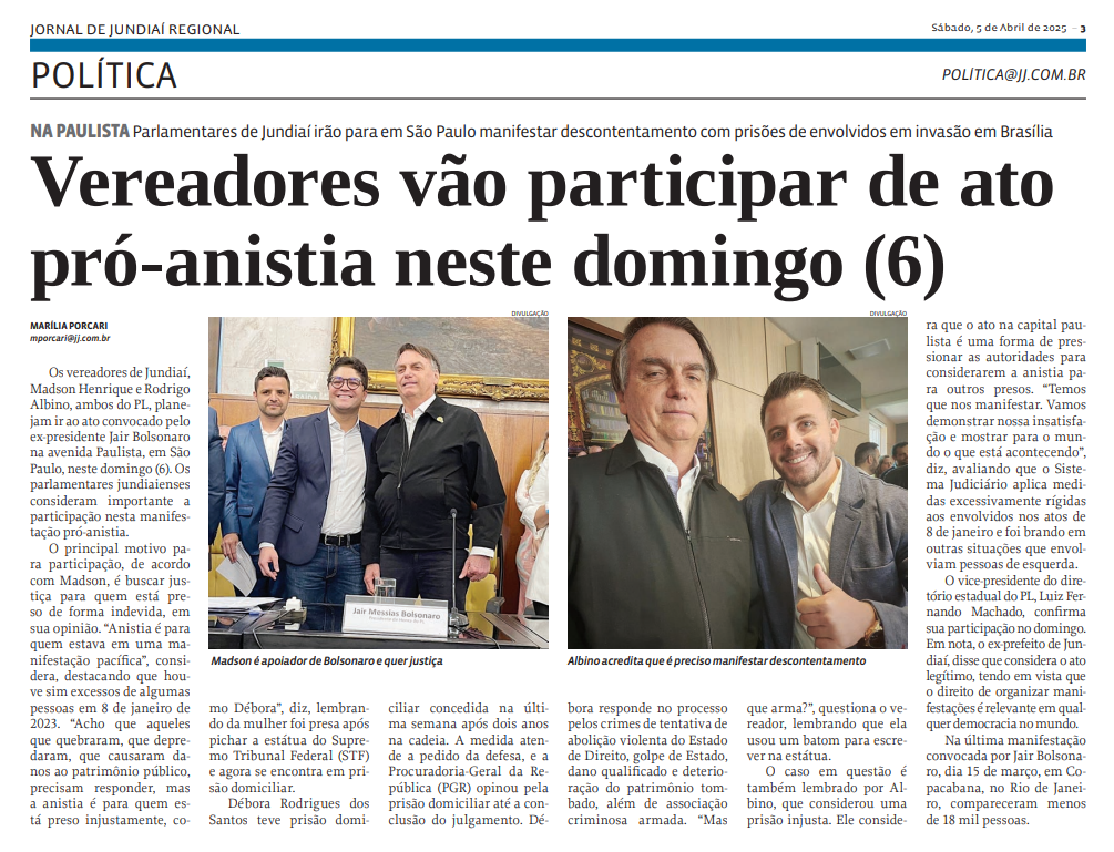 Vereadores vão participar de ato pró-anistia neste domingo (6) 