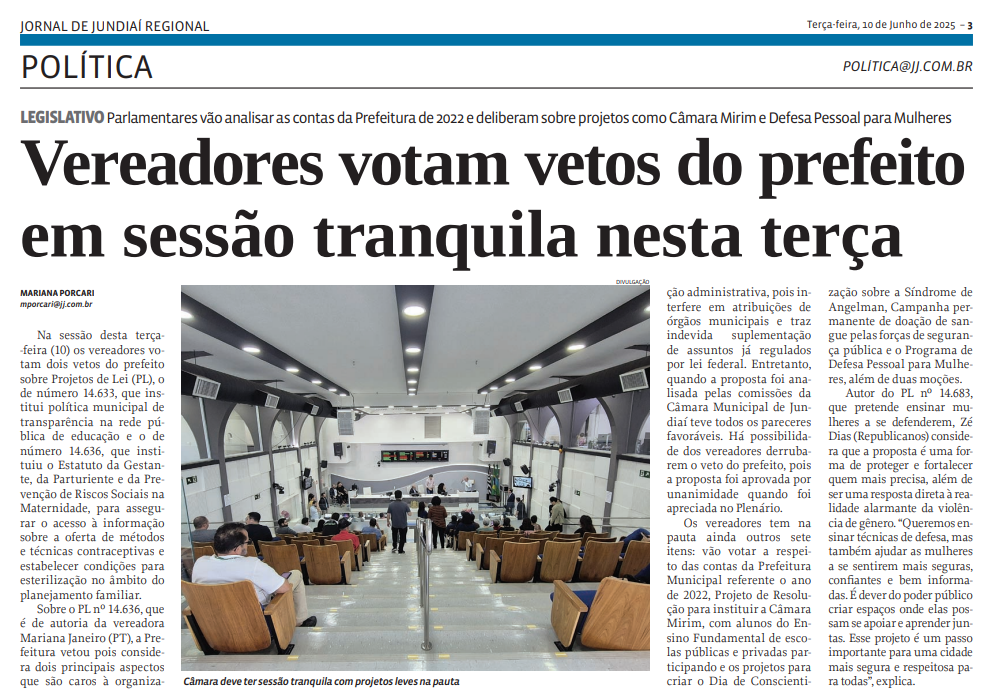 Vereadores votam vetos do prefeito em sessão tranquila nesta terça