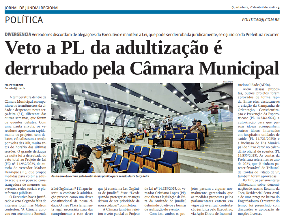 Veto a PL da adultização é derrubado pela Câmara Municipal