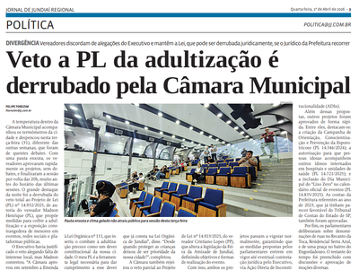 Veto a PL da adultização é derrubado pela Câmara Municipal