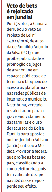 Veto de bets é rejeitado em Jundiaí