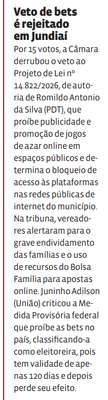 Veto de bets é rejeitado em Jundiaí